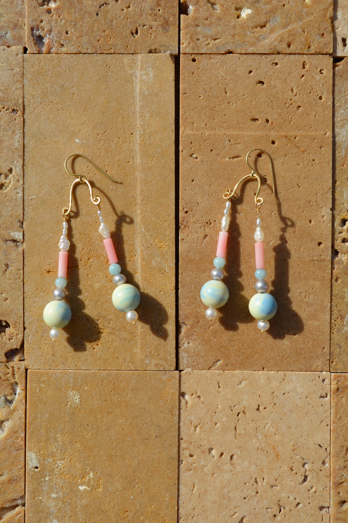 Pearl, Coral, Angelite and Rainbow Agate Double Strand earrings