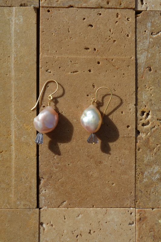 Peach Pearl and Iolite earrings