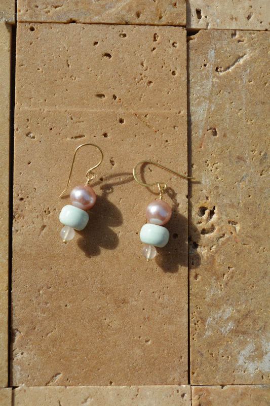 Lavender Pearl, Rainbow Agate and Rose Quartz earrings