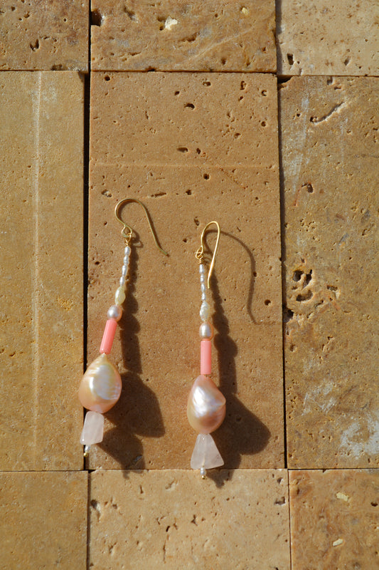 Pearl, Coral and Rose Quartz earrings