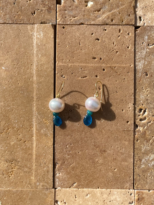 Pearl, Neon Blue Kunzite and opal earrings