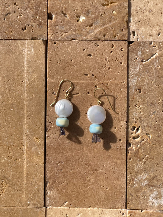 Button Pearl, Rainbow Agate and Iolite earrings