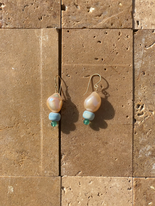 Peach Pearl, Rainbow Agate and Green Onyx earrings