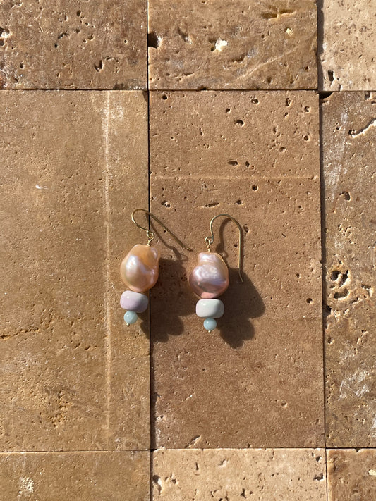 Lavender Peach Pearl, Rainbow Agate and Angelite earrings